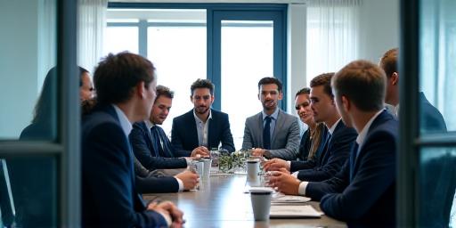 Team of solicitors collaborating in a glass-walled meeting room